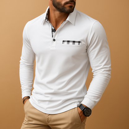 Long sleeve polo shirt for men with a classic collar and comfortable fit, ideal for casual outfits and business casual everyday wear.