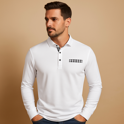 Long sleeve polo shirt for men with a classic collar and comfortable fit, ideal for casual outfits and business casual everyday wear.