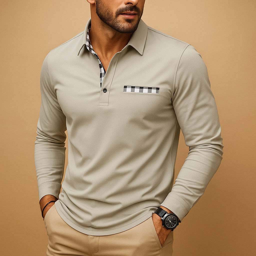 Long sleeve polo shirt for men with a classic collar and comfortable fit, ideal for casual outfits and business casual everyday wear.