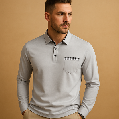 Long sleeve polo shirt for men with a classic collar and comfortable fit, ideal for casual outfits and business casual everyday wear.