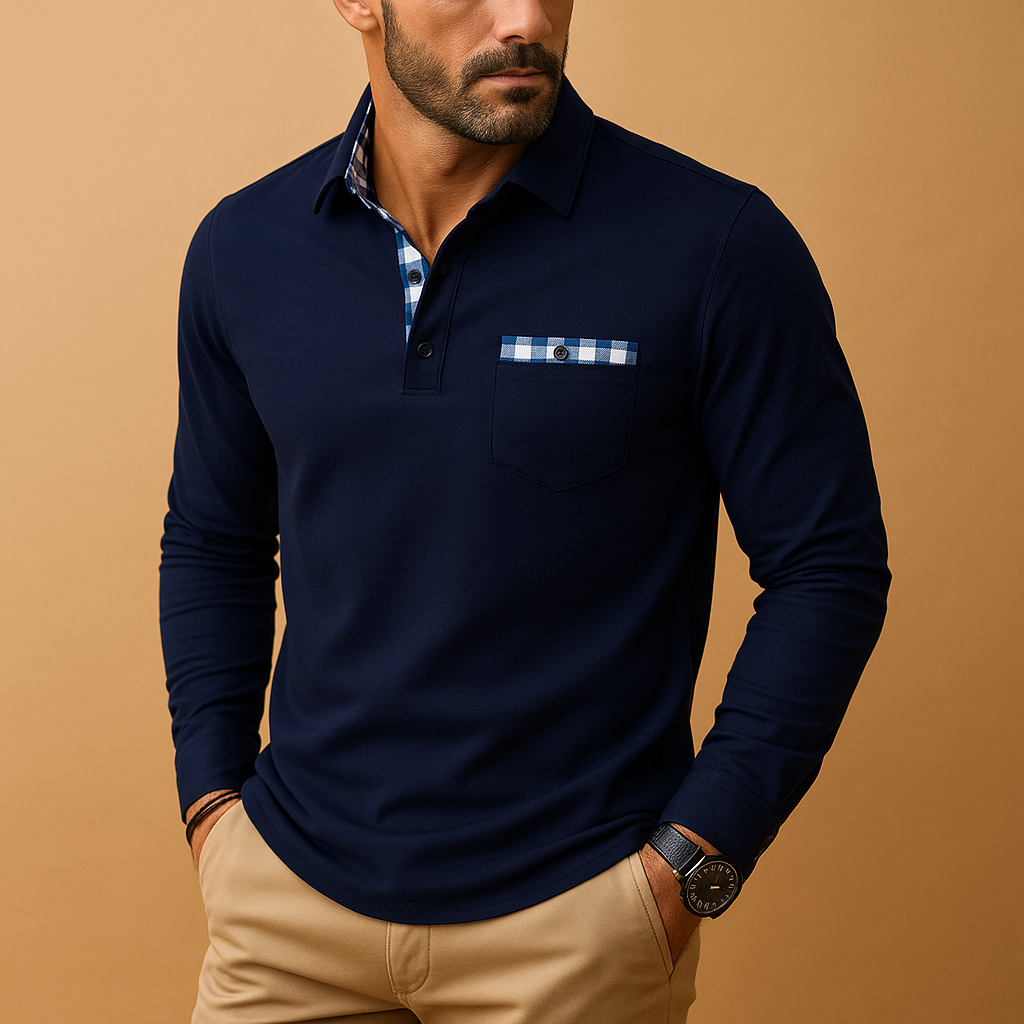 Long sleeve polo shirt for men with a classic collar and comfortable fit, ideal for casual outfits and business casual everyday wear.