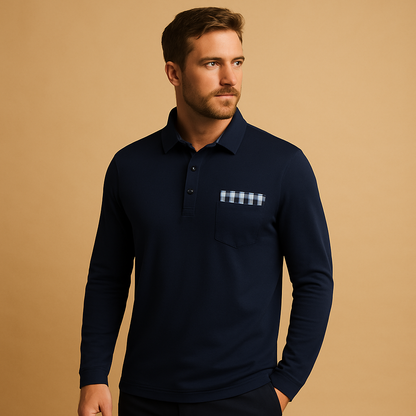 Long sleeve polo shirt for men with a classic collar and comfortable fit, ideal for casual outfits and business casual everyday wear.