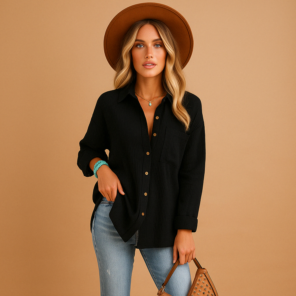 Women’s long sleeve polo shirt with a relaxed fit, classic collar, button closure, and chest pocket, suitable for work and casual everyday wear.