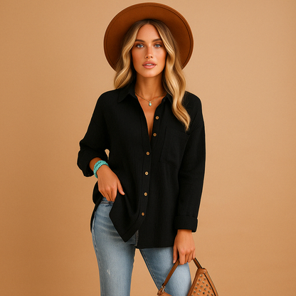 Women’s long sleeve polo shirt with breathable cotton blend, classic collar, and comfortable loose fit for everyday wear.