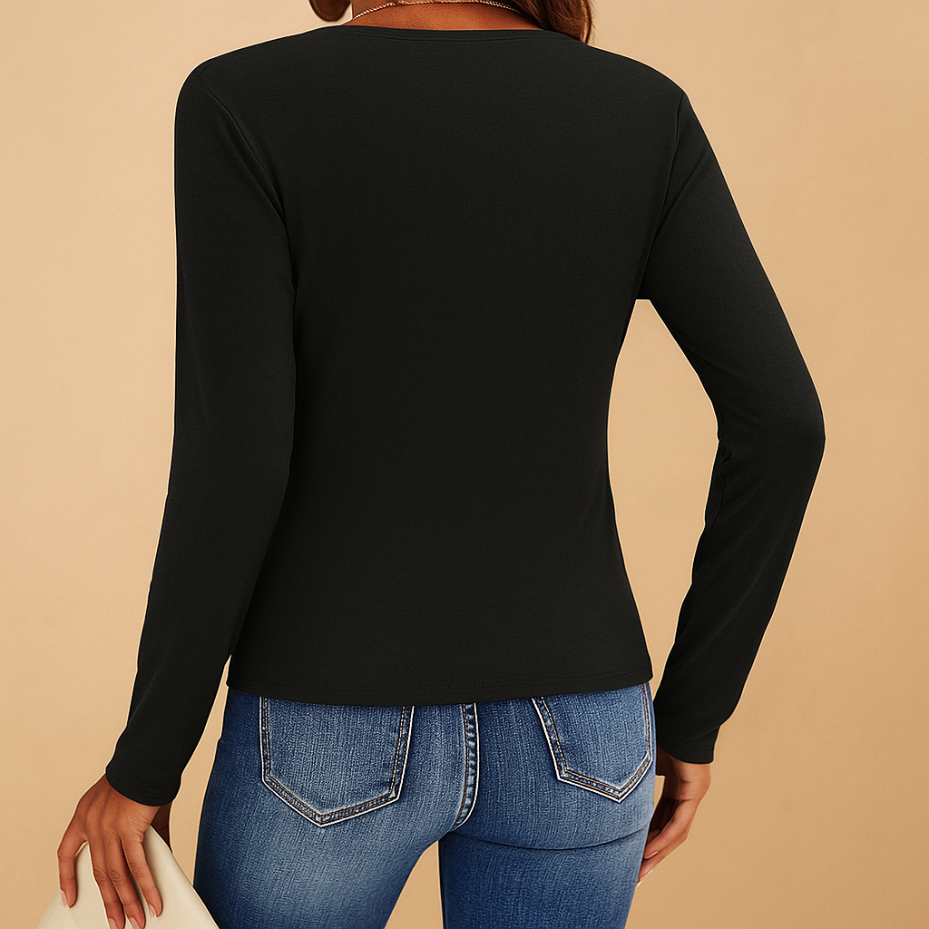 Women’s long-sleeve V-neck shirt in brown, black, or green with a classic fit, ideal for casual and work outfits.