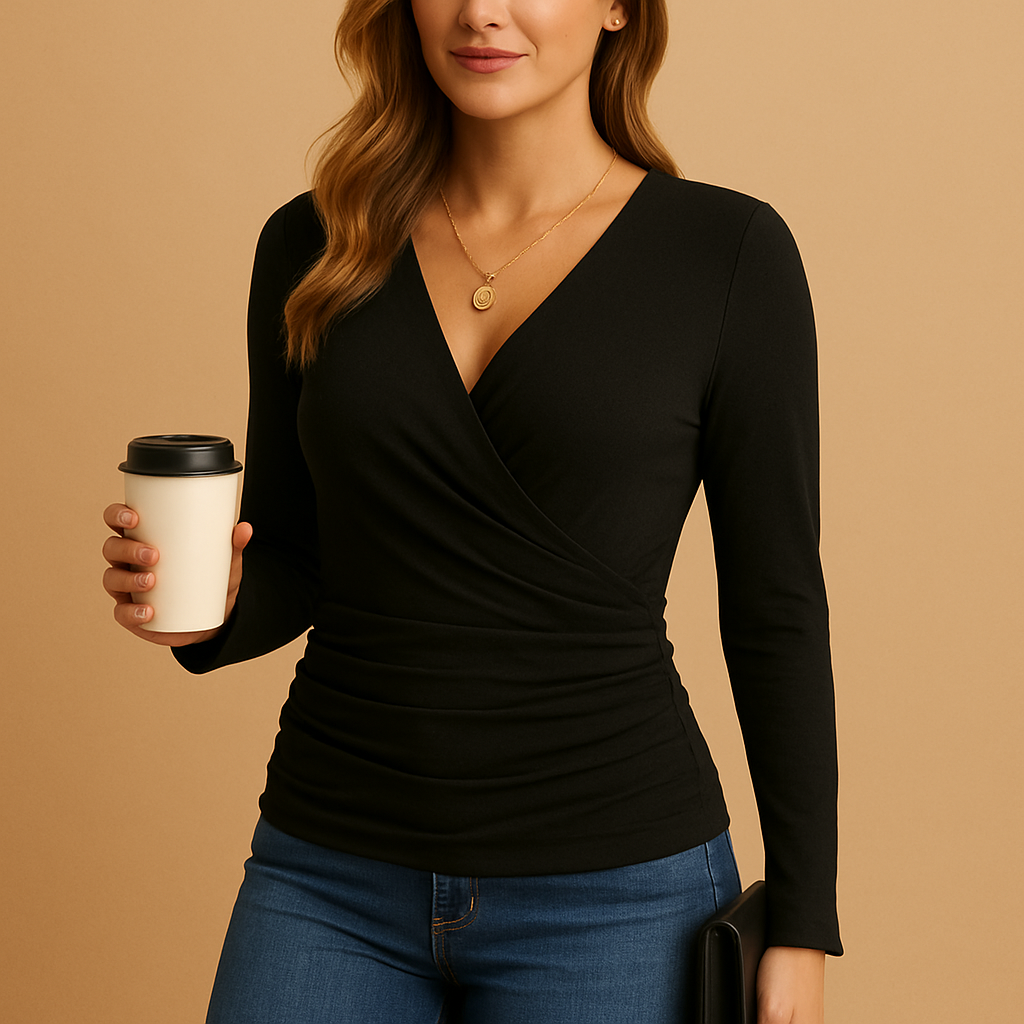 Women’s long-sleeve V-neck shirt in brown, black, or green with a classic fit, ideal for casual and work outfits.