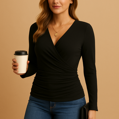Women’s long-sleeve V-neck shirt in brown, black, or green with a classic fit, ideal for casual and work outfits.