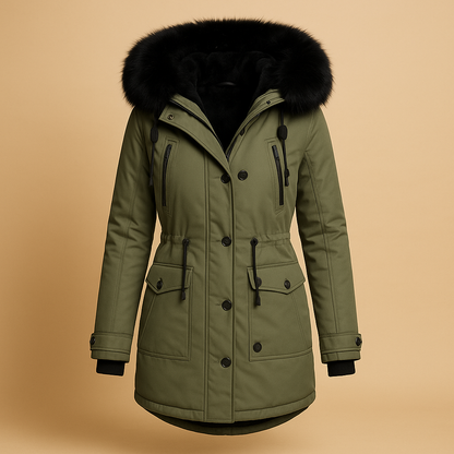 Woman wearing a long waterproof winter coat with faux-fur collar, extended silhouette, and insulated design for cold and wet winter days.