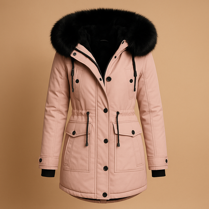 Woman wearing a long waterproof winter coat with faux-fur collar, extended silhouette, and insulated design for cold and wet winter days.