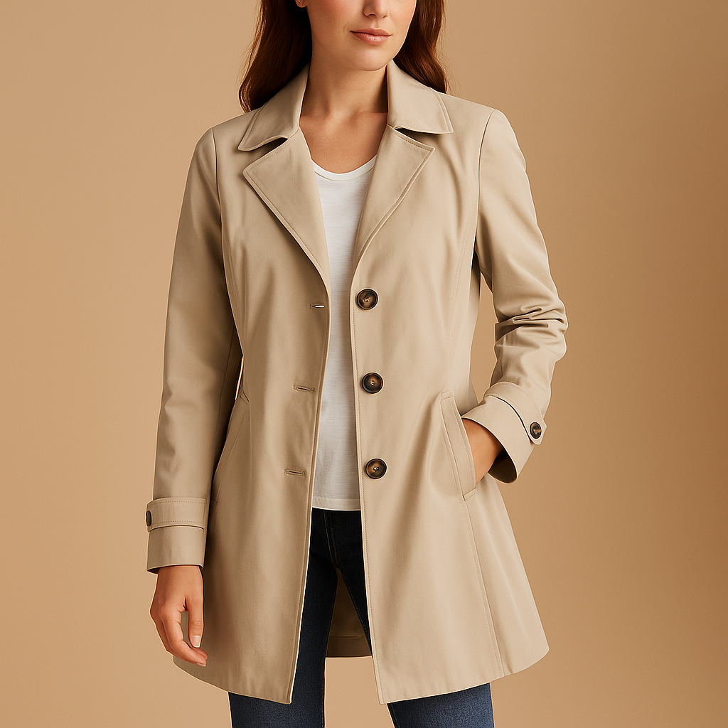 Long windproof raincoat for women with adjustable waist, hood, and breathable lining, available in black, ivory, khaki, and pink. 