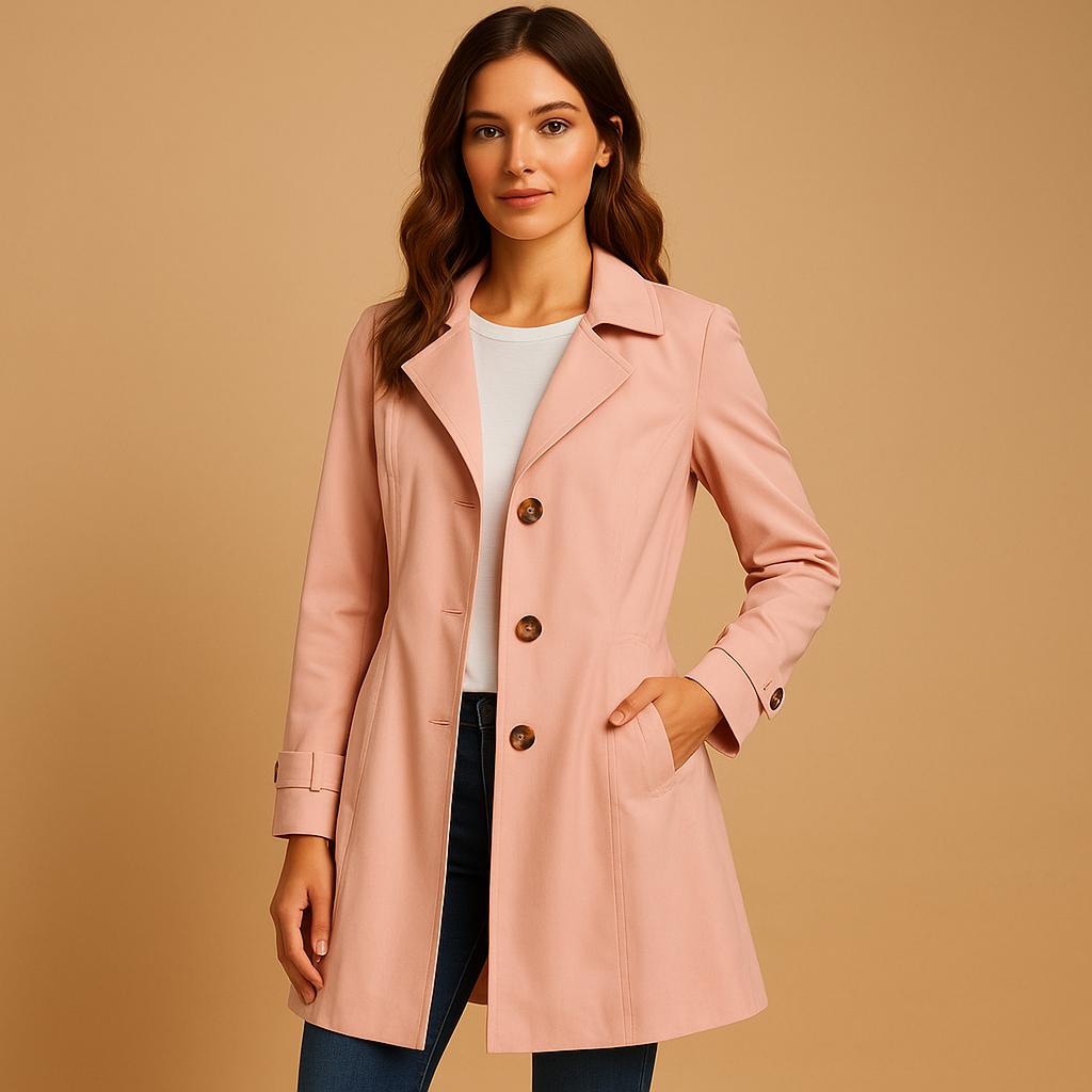 Long windproof raincoat for women with adjustable waist, hood, and breathable lining, available in black, ivory, khaki, and pink. 