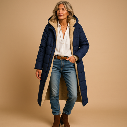 Woman wearing a long insulated winter coat with a modern silhouette, ideal for work, commuting, and winter outings.
