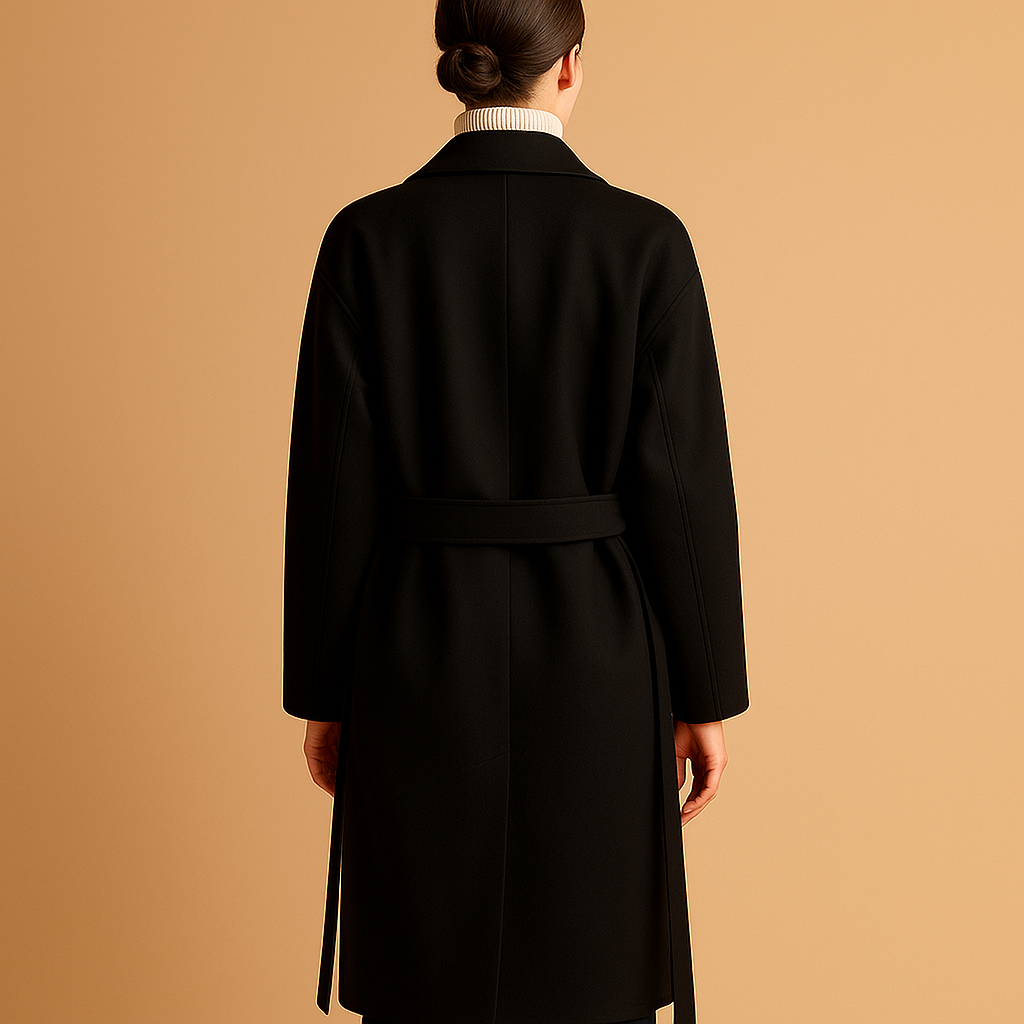 Long winter coat for women with a tailored fit, neutral colors, and a classic design suitable for casual and formal outfits.