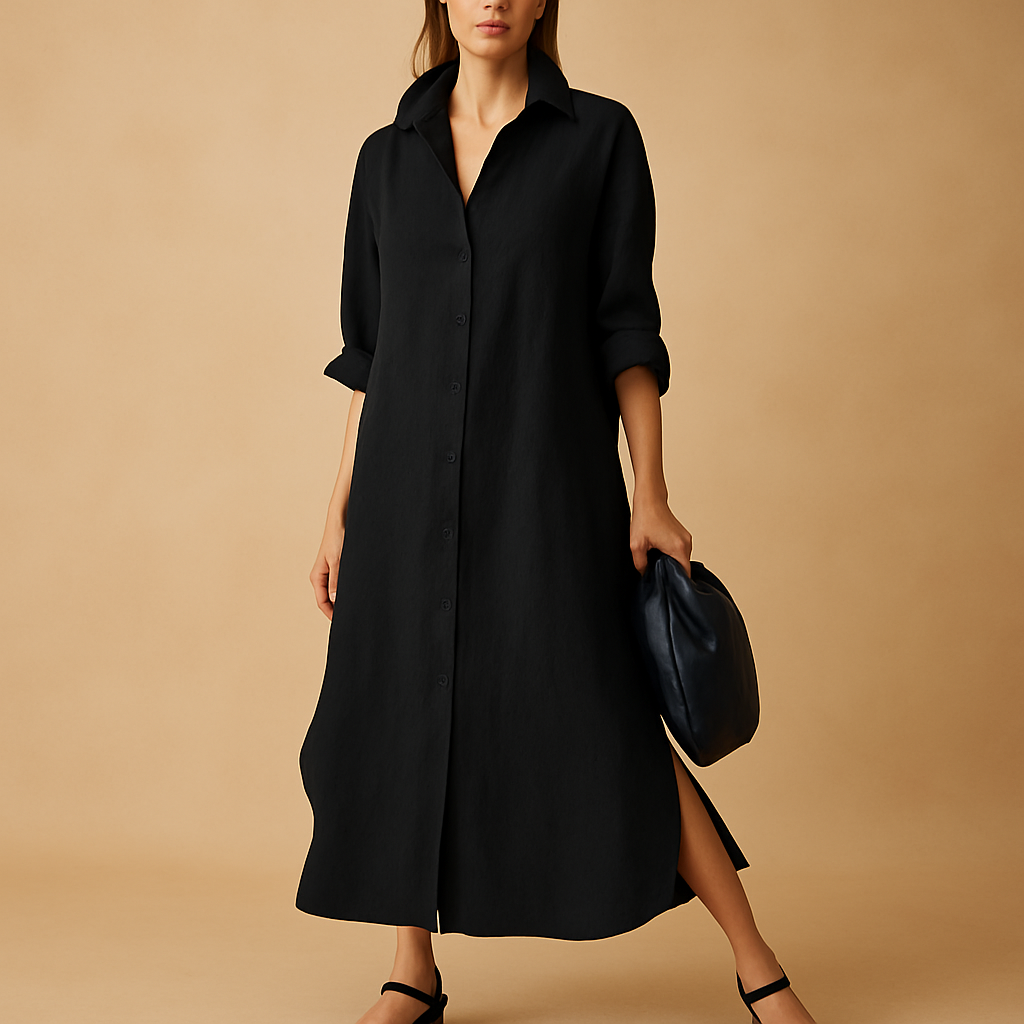 Loose fit shirt dress for women made from breathable hemp blend with classic button design, ideal for spring and summer wear.