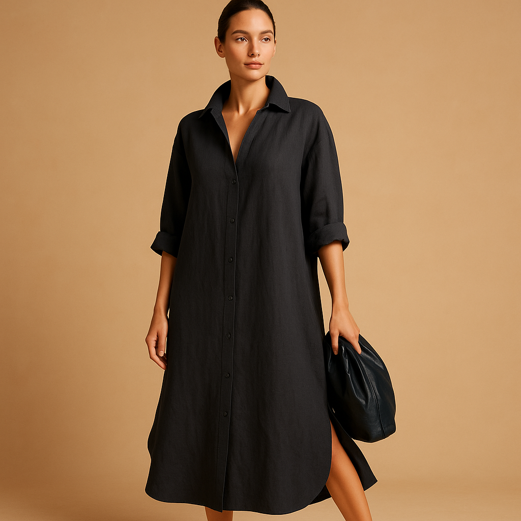 Loose fit shirt dress for women made from breathable hemp blend with classic button design, ideal for spring and summer wear.