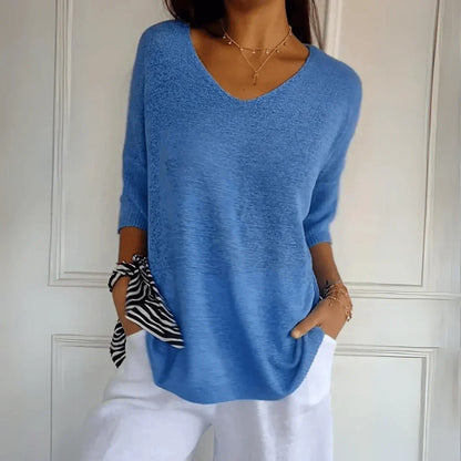 Women's V-Neck Knit Shirt Three-Quarter Sleeve Relaxed Fit