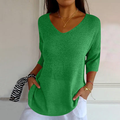 Women's V-Neck Knit Shirt Three-Quarter Sleeve Relaxed Fit