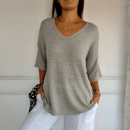 Women's V-Neck Knit Shirt Three-Quarter Sleeve Relaxed Fit - VibreMode