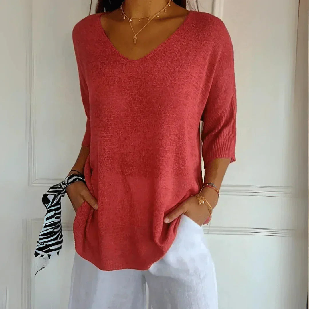 Women's V-Neck Knit Shirt Three-Quarter Sleeve Relaxed Fit
