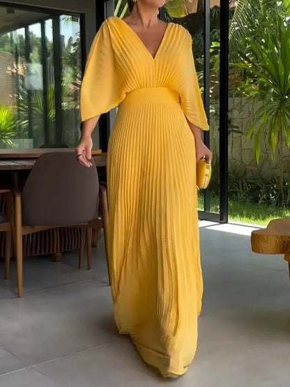 Elegant V-Neck Flowy Maxi Dress - VibreMode
