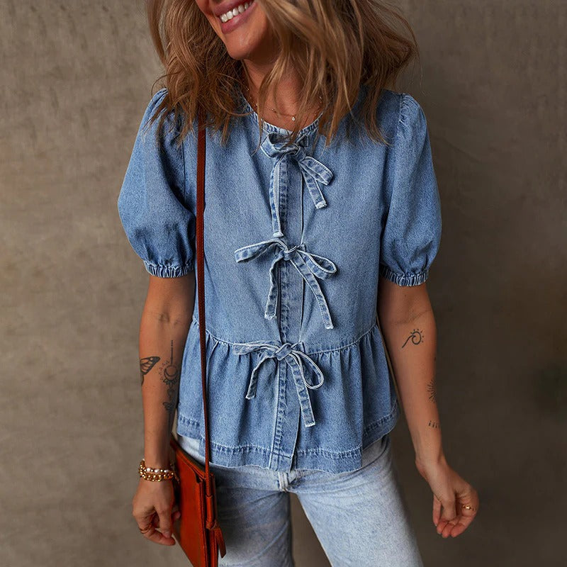 Women's Denim Blouse Tie Front Blue - VibreMode