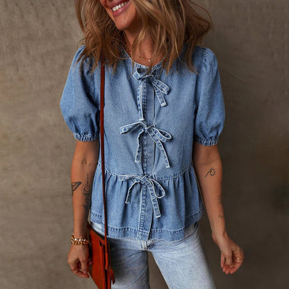 Women's Denim Blouse Tie Front Blue - VibreMode