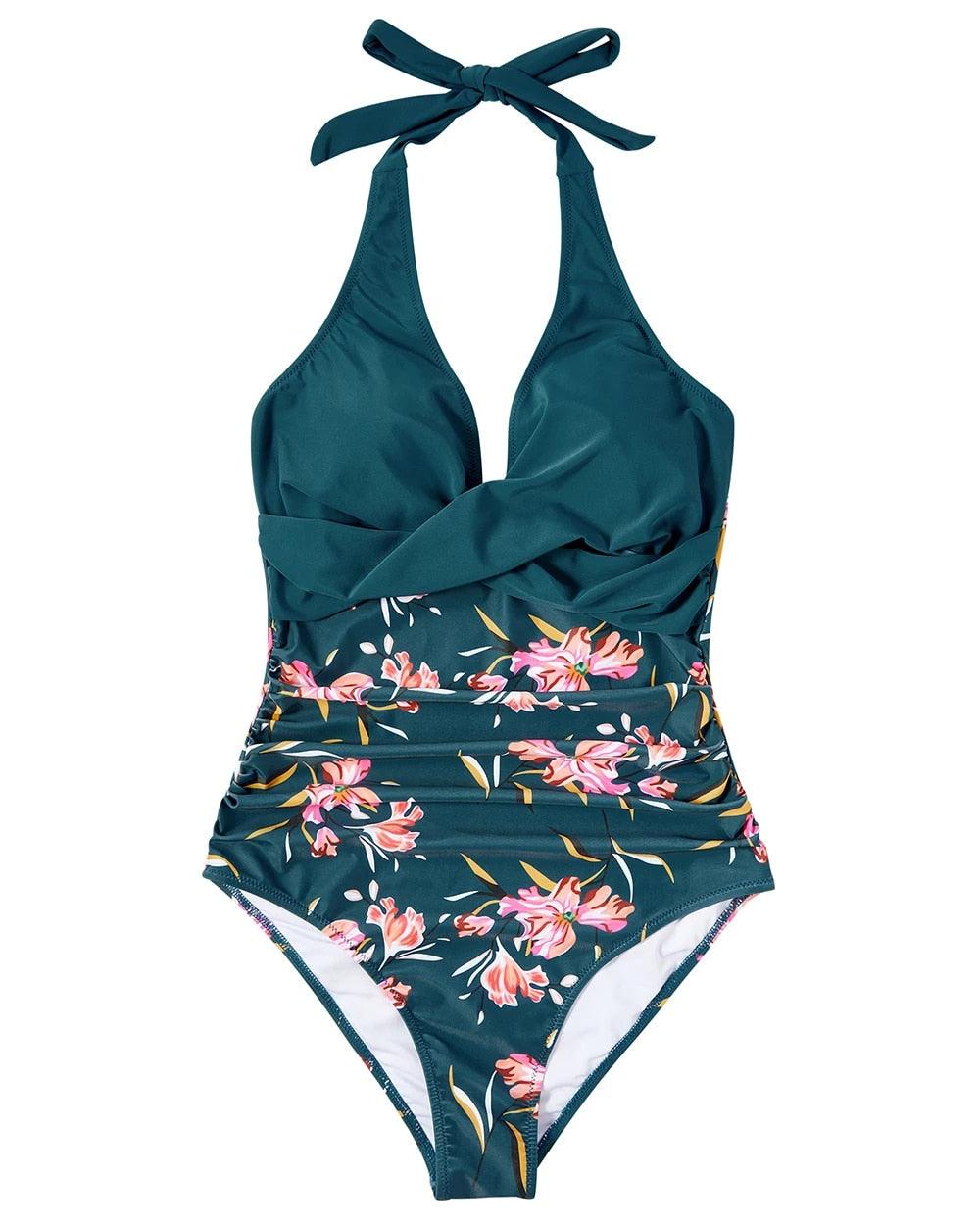 Women's Halter One-Piece Swimsuit Deep V-Neck Ruched Waist