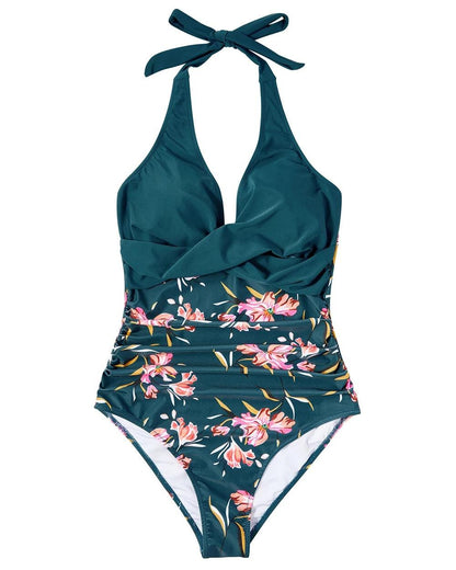 Women's Halter One-Piece Swimsuit Deep V-Neck Ruched Waist