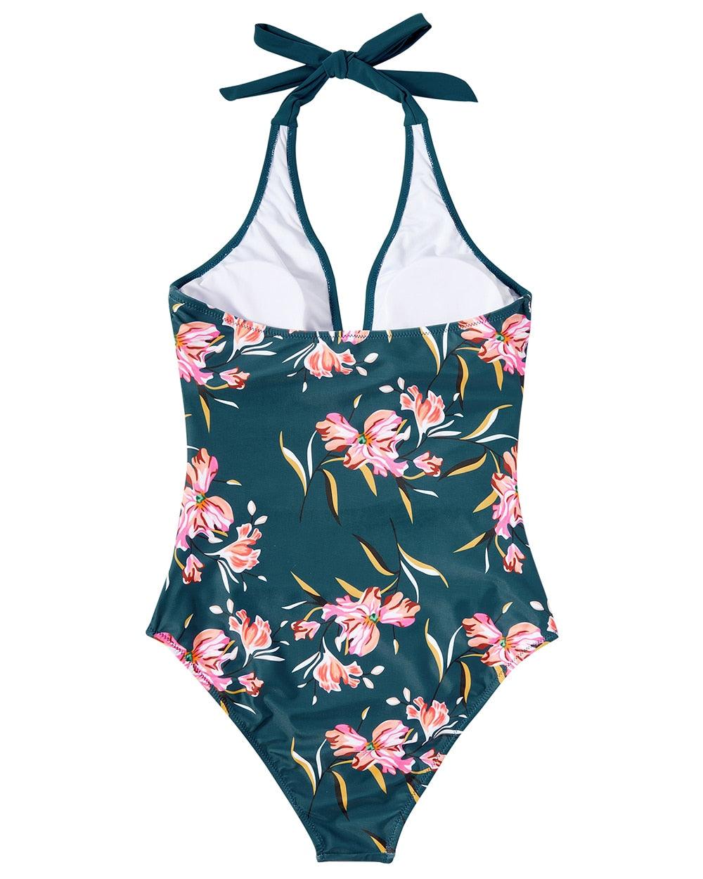 Women's Halter One-Piece Swimsuit Deep V-Neck Ruched Waist
