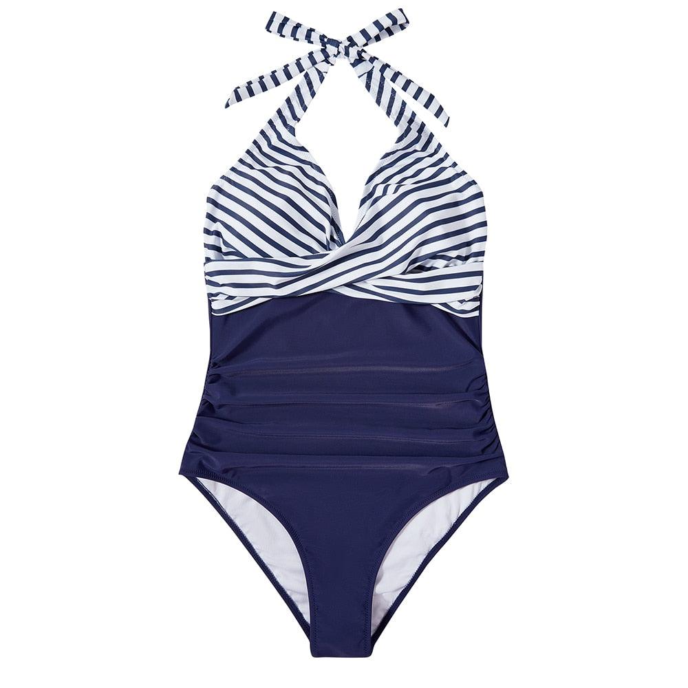 Women's Halter One-Piece Swimsuit Deep V-Neck Ruched Waist
