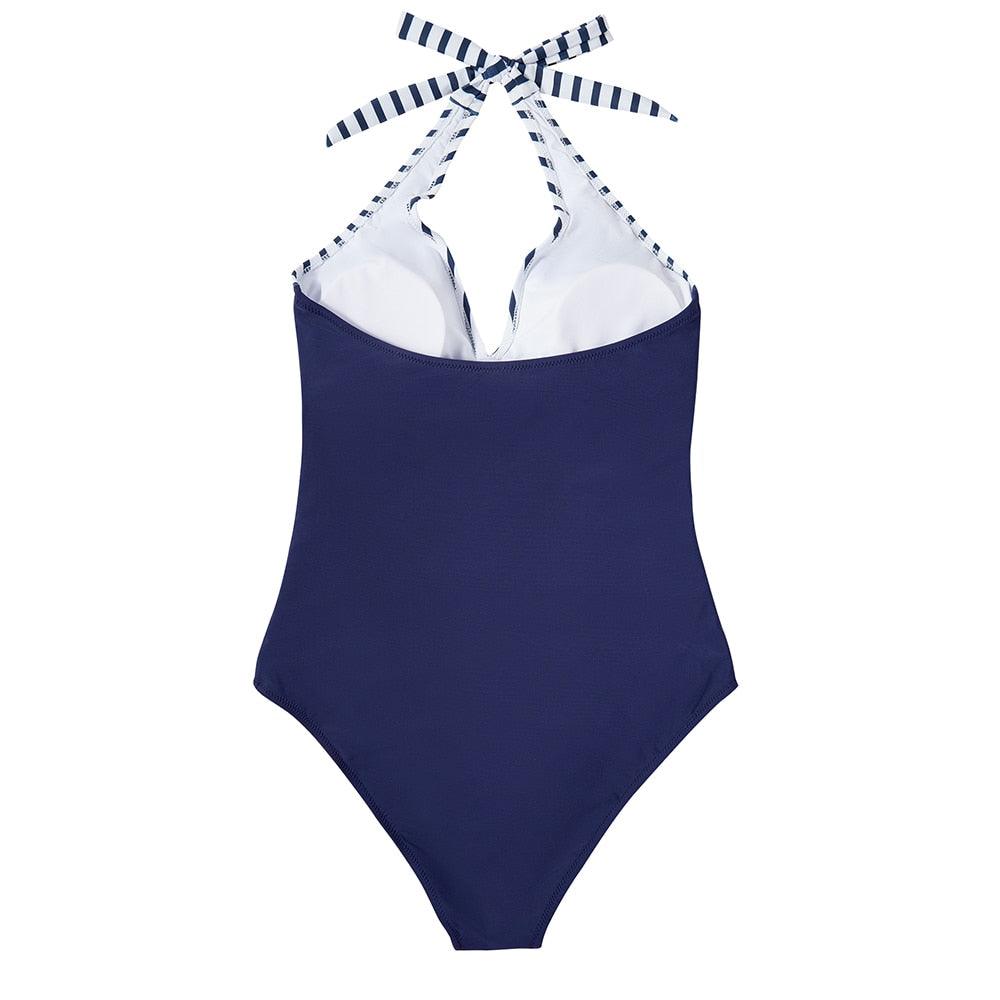 Women's Halter One-Piece Swimsuit Deep V-Neck Ruched Waist