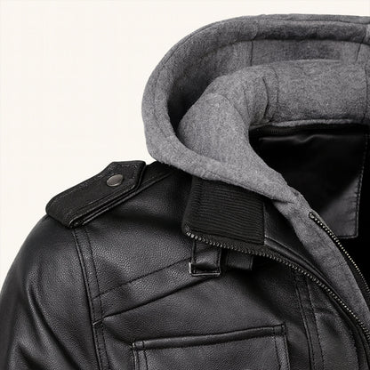 Men's Retro Leather Hooded Jacket With Pockets