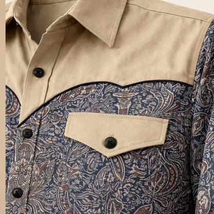 Men's Western Denim Shirt Two Tone Patchwork Soft Blue