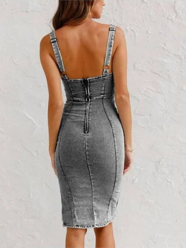 Gray denim dress with thin straps on a white background