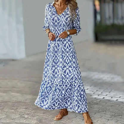 Women's V-Neck Maxi Dress Printed Tiered Hem - VibreMode