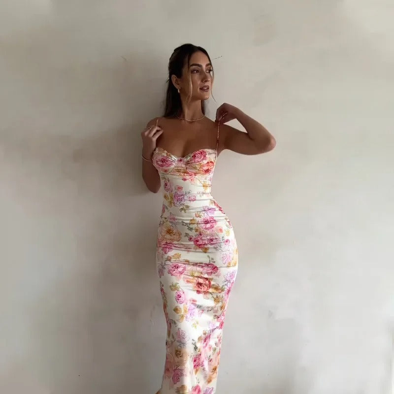Women's Floral Maxi Dress Lace Trim