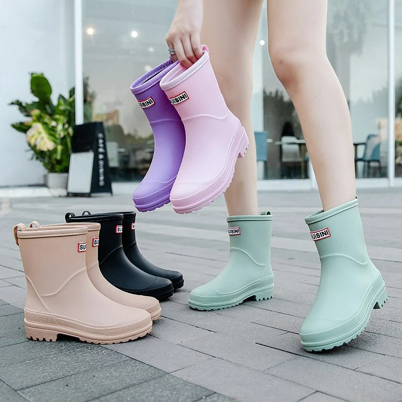 Women's Waterproof Mid Calf Rain Boots Non Slip Sole Black