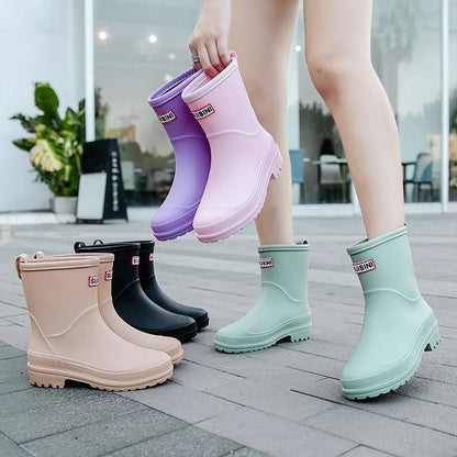 Women's Waterproof Mid Calf Rain Boots Non Slip Sole Black