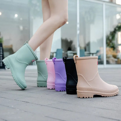 Women's Waterproof Mid Calf Rain Boots Non Slip Sole Black