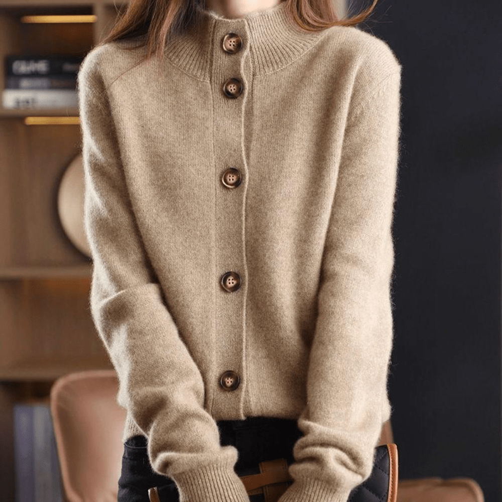 Women's Knit Cardigan Lapel Collar Button-Up Beige