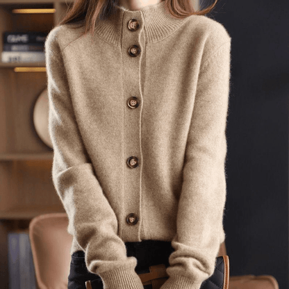 Women's Knit Cardigan Lapel Collar Button-Up Beige