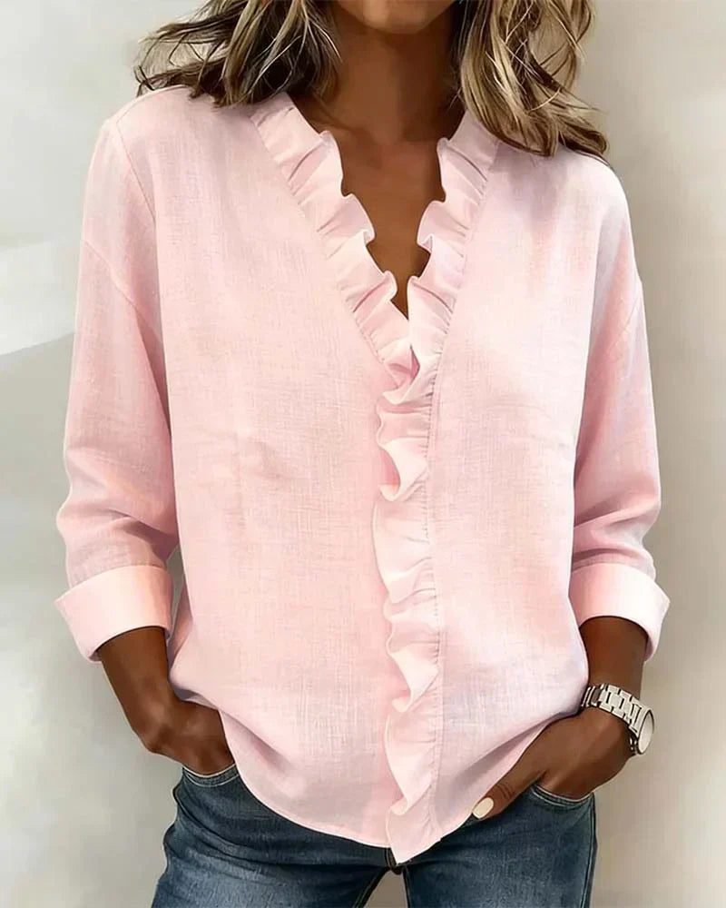 Women's V-Neck Ruffle Blouse Long Sleeve - VibreMode