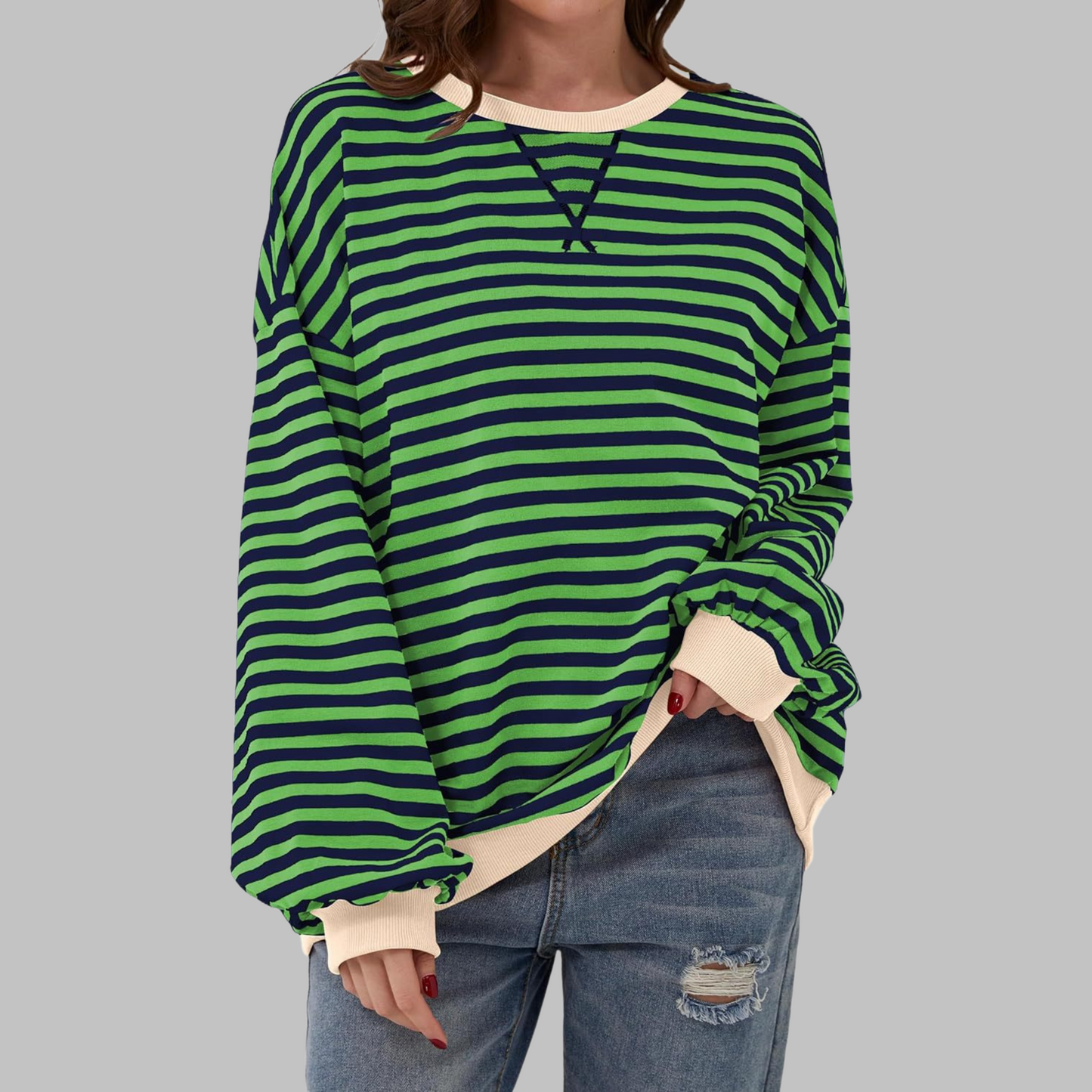Women's Striped Long Sleeve Crewneck Sweater - VibreMode