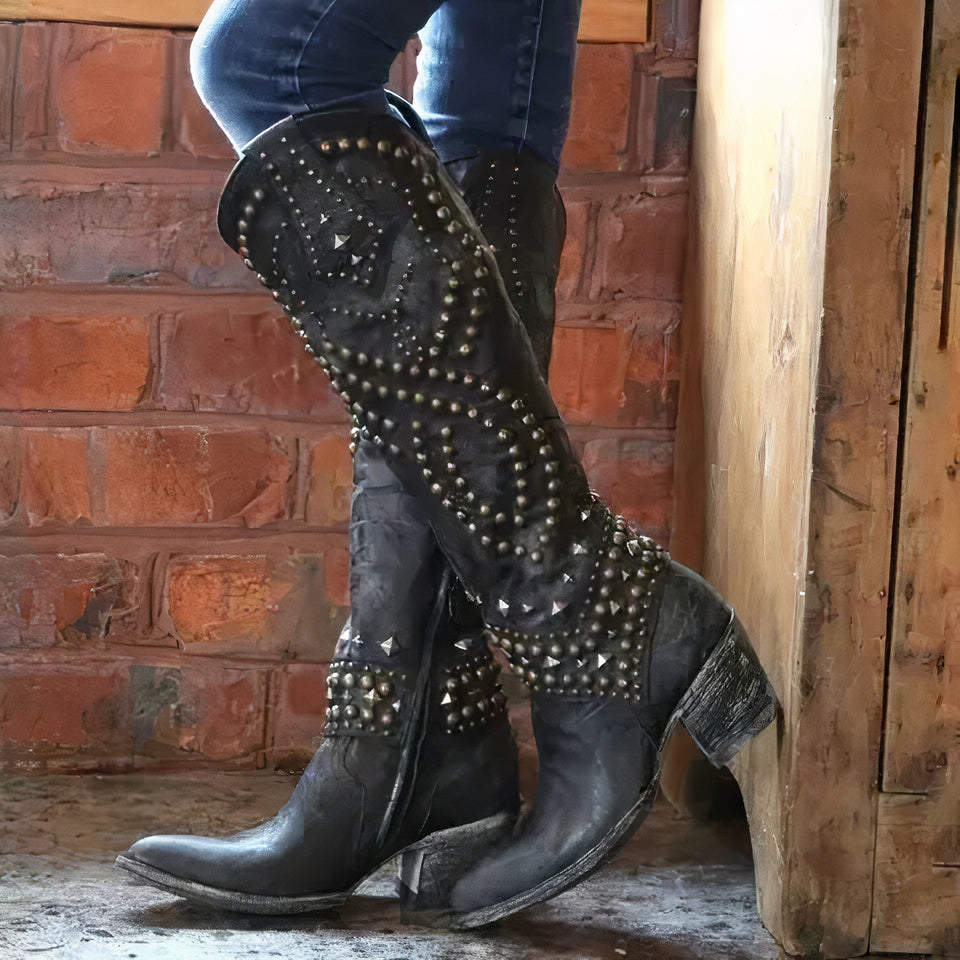 Women's Studded Knee High Leather Boots - VibreMode