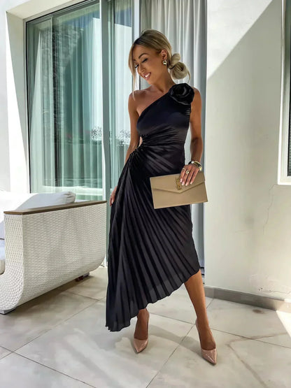 Marlowe Women's One Shoulder Pleated Midi Dress