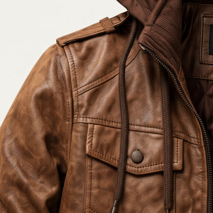 Men's Leather Bomber Jacket Hooded Classic Style
