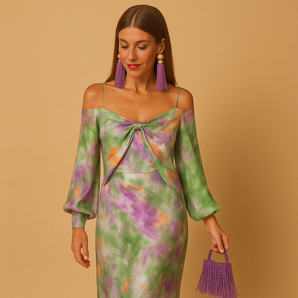 Women’s maxi dress with deep V-neck and artistic print, flowing and lightweight design, perfect for summer parties, weddings, and vacations.