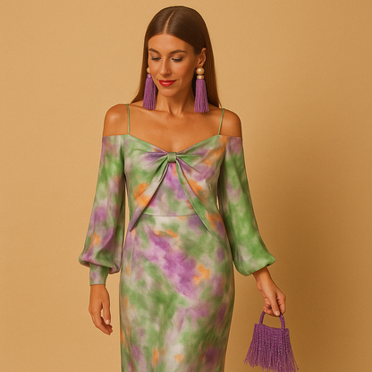 Women’s maxi dress with deep V-neck and artistic print, flowing and lightweight design, perfect for summer parties, weddings, and vacations.