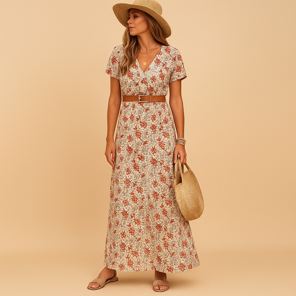 Maxi dress with V-neck and belt for women featuring a flattering fit and soft stretch fabric, perfect for work, vacations, and stylish everyday wear.