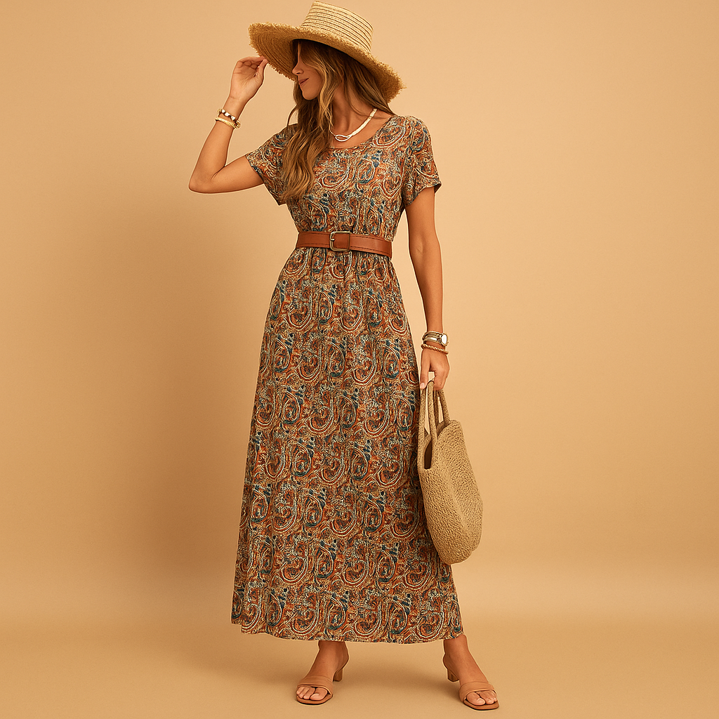 Maxi dress with V-neck and belt for women featuring a flattering fit and soft stretch fabric, perfect for work, vacations, and stylish everyday wear.